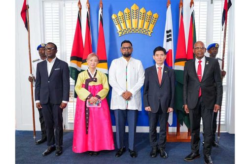 President Dr. Irfaan Ali received the Letters of Credence from the Non-Resident Ambassador of the Republic of Korea to Guyana, Seijoong Kwon, at State House, on Tuesday (Office of the President)