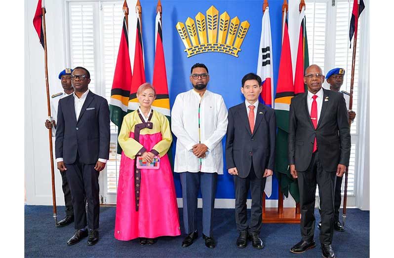 President Dr. Irfaan Ali received the Letters of Credence from the Non-Resident Ambassador of the Republic of Korea to Guyana, Seijoong Kwon, at State House, on Tuesday (Office of the President)