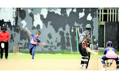 American off-spinner Sravya Kanumari, the female in the game, bowls to Guyana’s batter, Jonathan Mentore, who was last out for 18 yesterday at Bourda (Narine Photo)