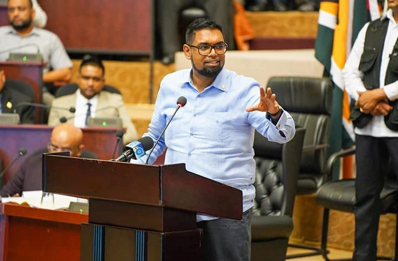 President Dr. Irfaan Ali speaking at the National Toshaos Conference (NTC) 2022 at the Arthur Chung Conference Centre on Thursday (Office of the President photo)
