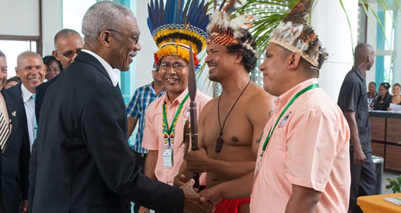 President David Granger greets several indigenous leaders, including Deputy Chairman of the National Toshaos Council (NTC), Lennox Shuman (in traditional apparel) and Chairman of the NTC, Joel Fredericks, (third from right) during the opening of the recent NTC conference