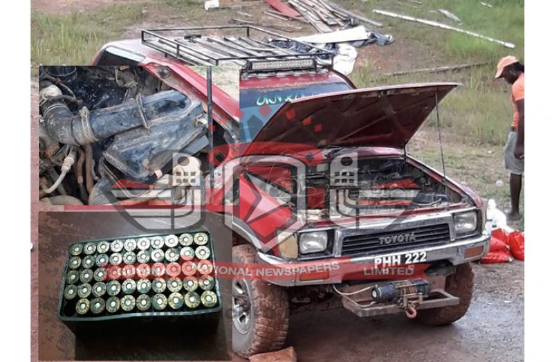 The vehicle in which the ammunition was found. Inset is the ammunition and air filter.