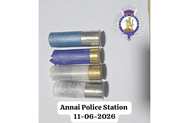 The four live 12-gauge cartridges allegedly found in a miner's haversack during a joint operation in the Iwokrama Rainforest Reserve, Supuruni River area