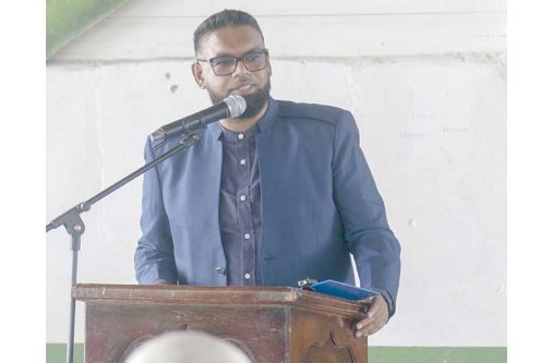 President Dr. Irfaan Ali delivering a heartfelt tribute at Amna Ally’s funeral at CIOG, Woolford Avenue, on Tuesday (Japheth Savory photos)