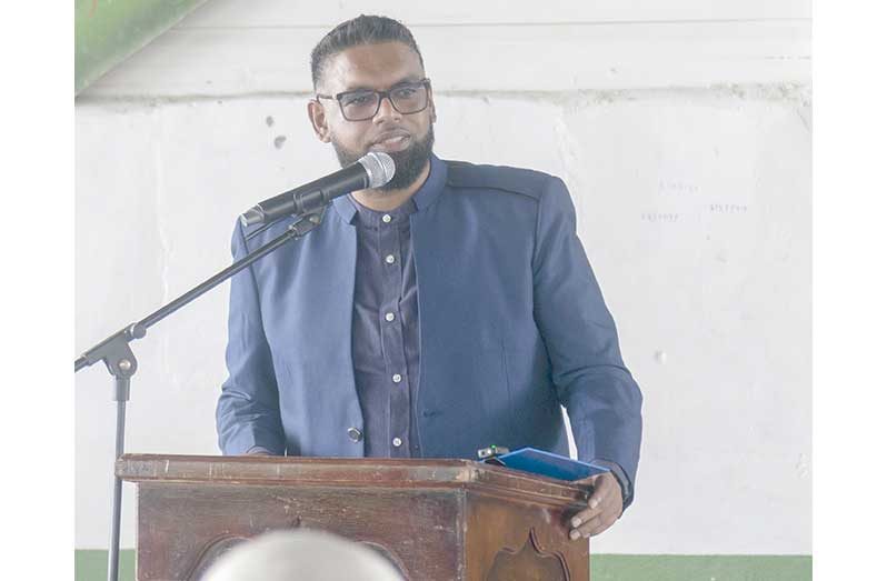 President Dr. Irfaan Ali delivering a heartfelt tribute at Amna Ally’s funeral at CIOG, Woolford Avenue, on Tuesday (Japheth Savory photos)