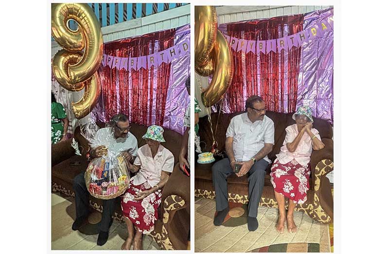 Minister Within the Ministry of Local Government, Anand Persaud, on his visit with 99-year-old Gowniah Ramsukh (Roselyn) of Glacier’s Lust, Mahaicony, East Coast Demerara