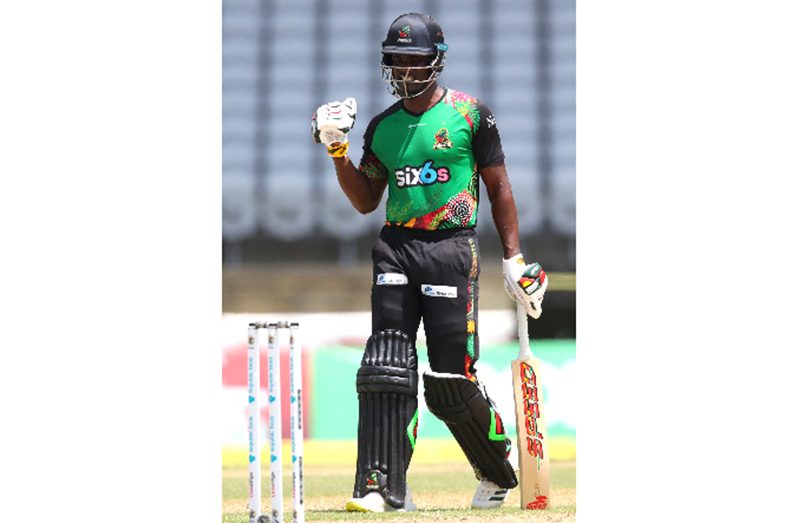 Andre Fletcher celebrates after leading St. Kitts and Nevis Patriots to their first win of the 2023 CPL (Photo courtesy CPLT20/Getty Images)