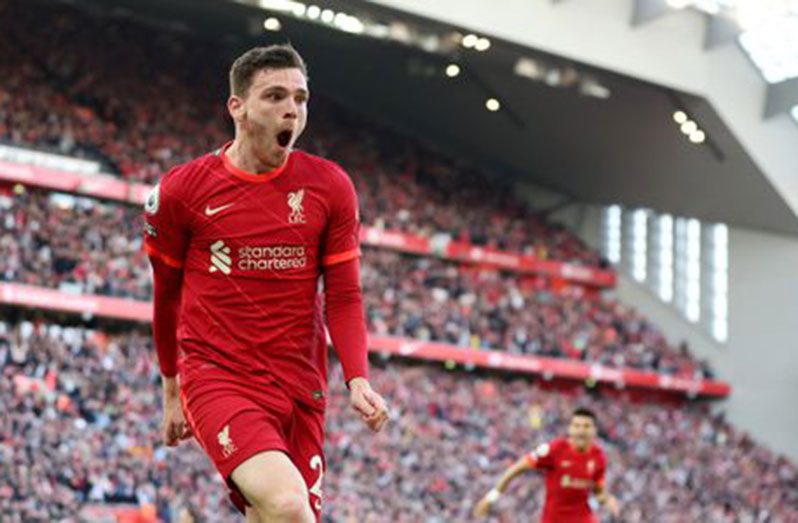 Liverpool's Andrew Robertson celebrates scoring their first goal REUTERS/Phil Noble