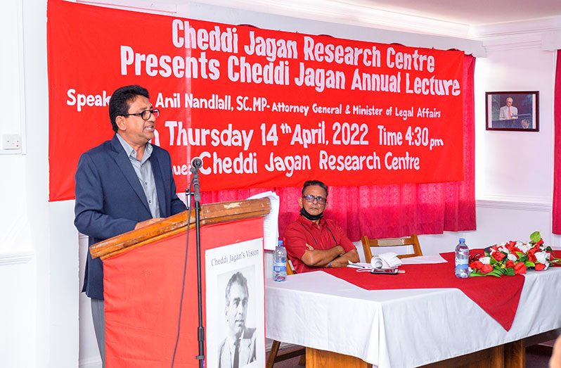 Attorney-General, Anil Nandlall, speaking at the Cheddi Jagan Research Centre on Thursday (Delano Williams photo)