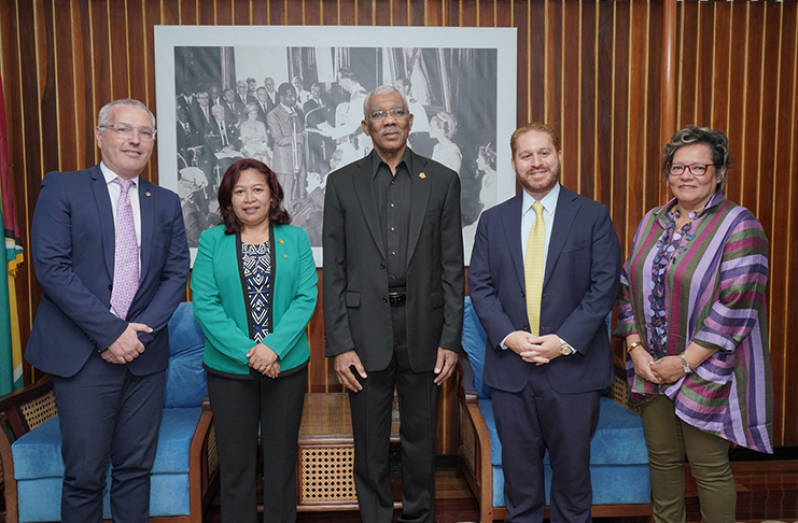 President David Granger (centre), Mr. Anthony Sabga III, CEO Ansa McAl Group (second right); Ms. Beverley Harper (right), Country Head Ansa Mcal Group-Guyana; Mr. Peter Hall, Sector Head-Beverage (left) and Minister of State, Mrs. Dawn Williams-Hastings (second (left)
