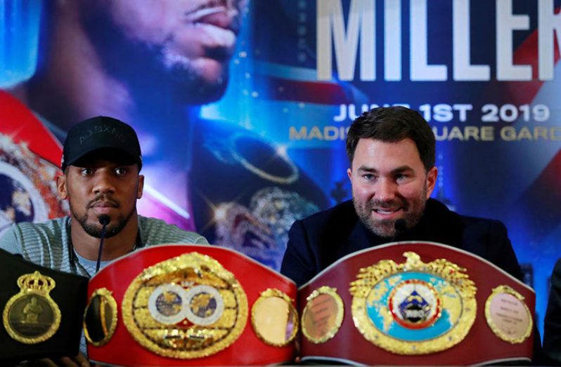 Anthony Joshua & Jarrell Miller Press Conference - Hilton London Syon Park, London, Britain - February 25, 2019 Anthony Joshua and promoter Eddie Hearn during the press conference Action Images via Reuters/Andrew Couldridge
