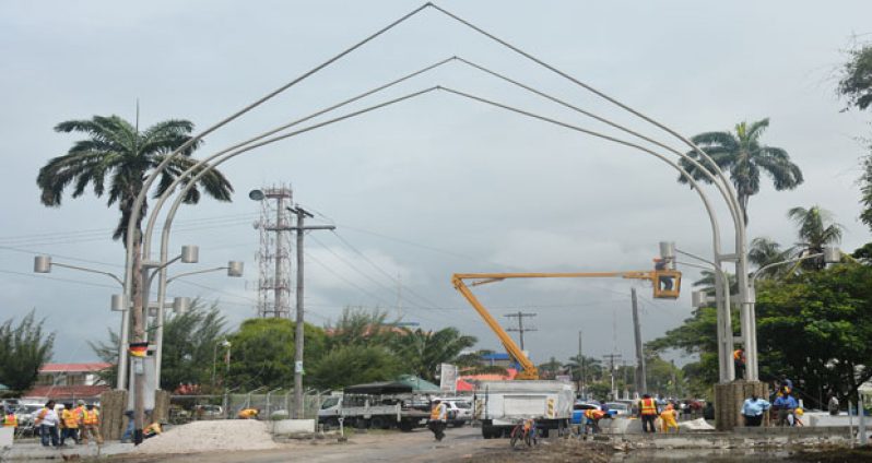 Rehabilitation works being done on the Independence Arch prior to Guyana’s 49th Independence Anniversary