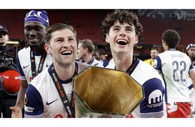 Archie Gray (right) was part of the Tottenham side that won the Europa League for the first time in 41 years