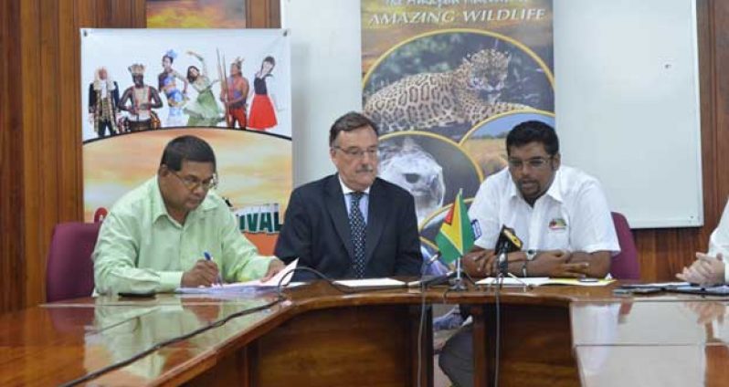 Director of the Guyana Tourism Authority Mr Indranauth Haralsingh, Ambassador of the Argentine Republic His Excellency Luis Martino and Tourism Minister Mr Irfaan Ali during yesterday’s  media briefing
