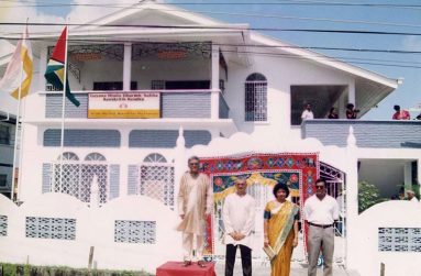 In this photo, founder and then President of the Dharmic Sabha, Pandit Reepu Daman Persaud (left) and others at the body’s 25th Anniversary years ago (GHDS photo)