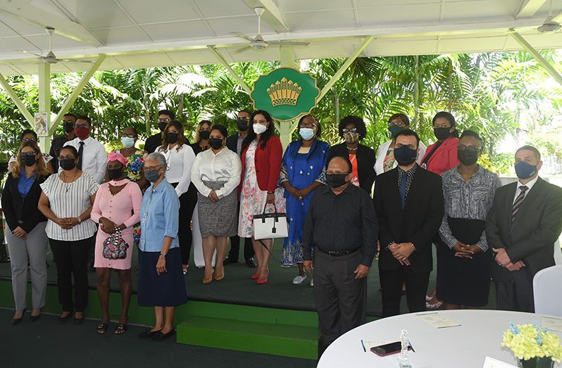 First Lady Arya Ali (centre) and Minister of Human Services and Social Security, Dr. Vindhya Persaud with donors of the ‘Adopt an Orphanage’ initiative and representatives of the eight orphanages