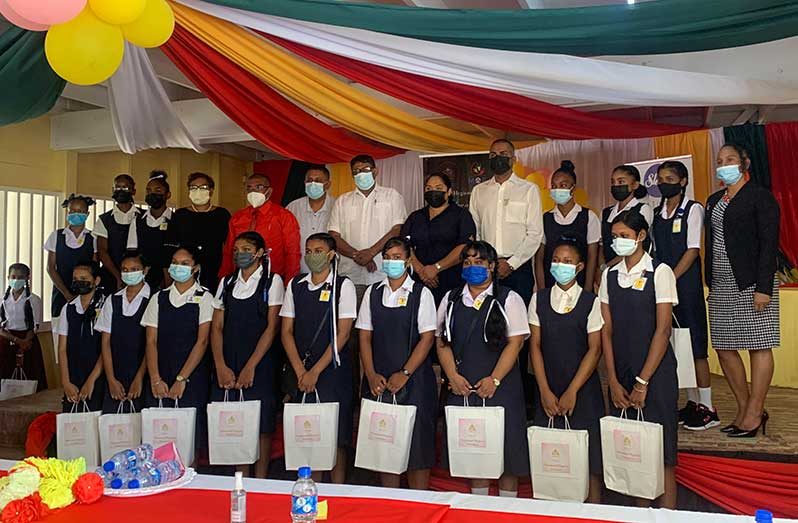 First Lady Arya Ali, donor Anter Narine, along with regional officials and students at the launch held at Skeldon Line Path Secondary School 