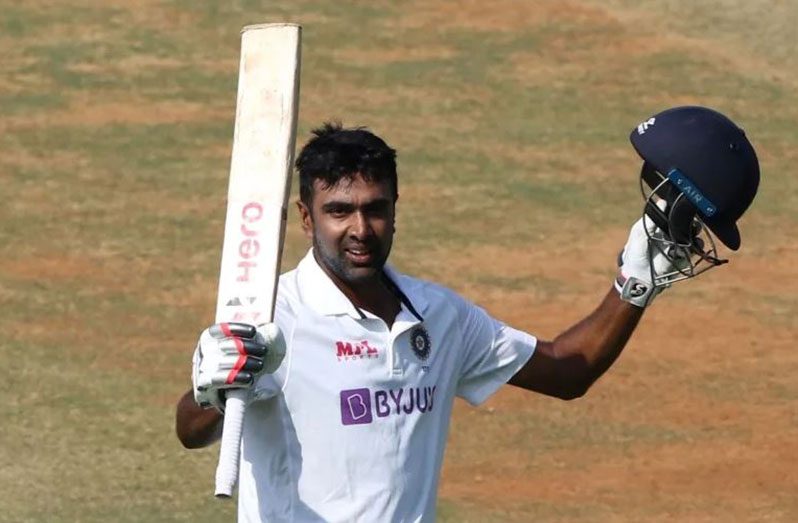 Ravichandran Ashwin celebrates his fifth Test hundred  (BCCI photo)