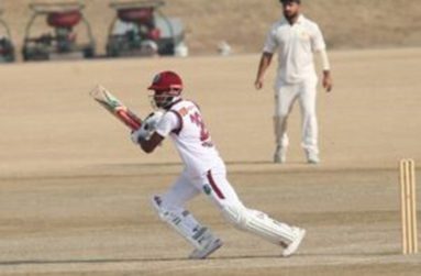 West Indies batsman Alick Athanaze gathers runs on the opening day of the three-day tour match against the Pakistan Shaheens in Islamabad on Friday. Photo: PCB Media