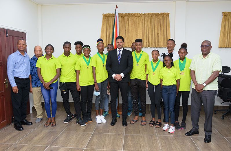 Minister of Culture, Youth and Sport, Charles Ramson Jr, along with members of the National Sports Commission and NSC, met with the CARIFTA Games track and field athletes.  (Delano Williams photo)