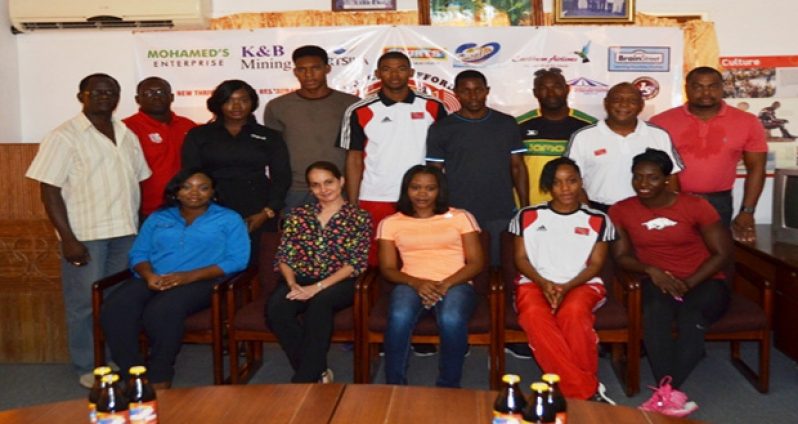 Overseas athletes and other officials for the Boyce and Jefford Classic pose after yesterday’s event at the GOA.