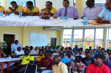At top, from left, Mohammed Hafeez, Leon Johnson, Denesh Ramdin, Omar Khan, Dr Frank Anthony, Clive Lloyd and Neil Kumar share the head table, while at the bottom, the participants of the MCYS Captaincy Course pay rapt attention. (Photo by Adrian Narine)