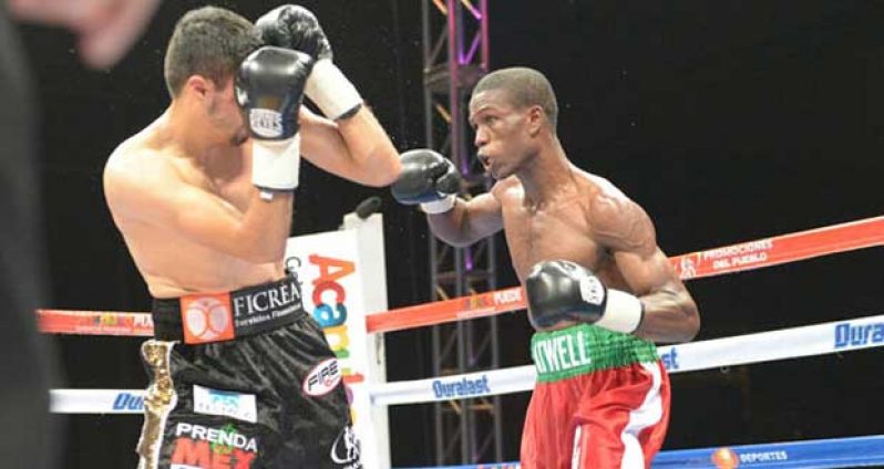 Guyana’s Clive Atwell prepares to land a left to the face of Mexico’s Jhonny Gonzalez during their WBC Featherweight World Title fight in Mexico.