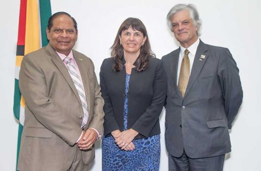 L-R: Prime Minister Moses Nagamootoo, Deputy Secretary of Australia, Penny Williams and High Commissioner John Pilbean
