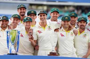 Pat Cummins and team-mates celebrate with the urn after retaining the Ashes (PA Images via Getty Images)