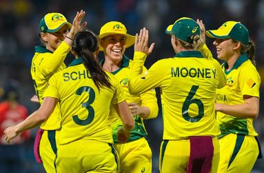 Australia celebrate the fall
of another wicket at the Sir
Richards Stadium in Antigua
last night. (ICC photo)