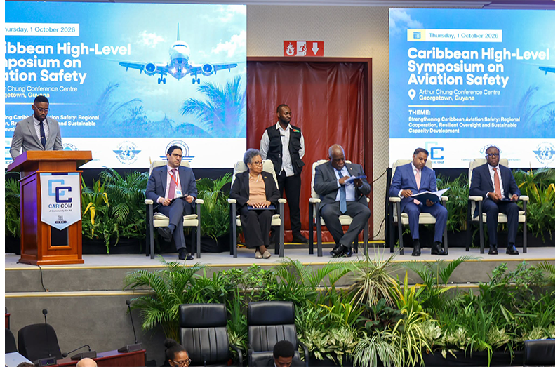 From left to right: ICAO Regional Director, South America and Regional Office, Luis Fernando Fiallos; Secretary General of the Caribbean Community, Dr Carla Barnett; Guyana’s Prime Minister, Brigadier (Ret’d) Mark Phillips; Minister of Public Utilities and Aviation, Deodat Indar and William Ashby, Division Chief, Economic Infrastructure Division at the Caribbean Development Bank