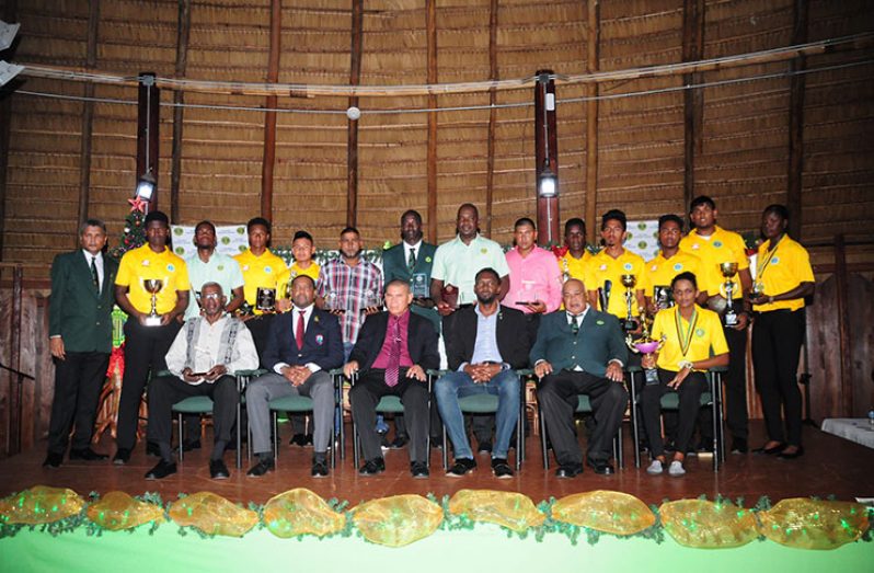The Winners Stand with their prizes during the GCB Awards ceremony. Missing is male Cricketer of the year Shimron Hetmyer who is on international duty in New Zealand