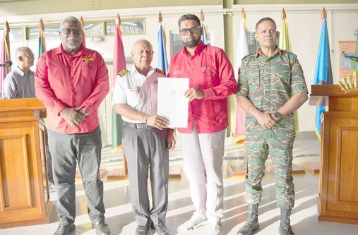 President, Dr. Irfaan Ali with Chief of Defence Staff, Brigadier Omar Khan; Prime Minister, Brigadier (Ret’d) Mark Phillips; and Lieutenant Colonel (Ret’d), Mohamad Aziz Nezamudeen