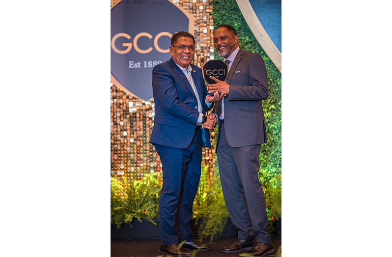Minister of Agriculture, Zulfikar Mustapha, receives his award at the GCCI’s 135th Annual Awards Presentation and Gala Dinner (GCCI photo)