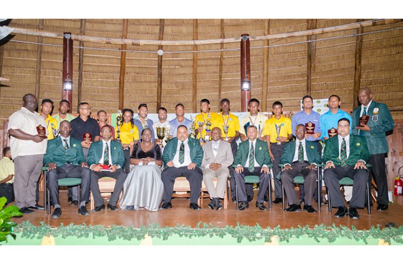 The Awardees last night at the Guyana Cricket Board (GCB) annual awards ceremony at the Umana Yana.