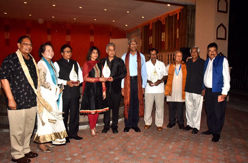 President David Granger, First Lady Sandra Granger, Prime Minister Moses Nagamootoo and members of the Indian Commemorative Trust with outstanding Indians who were honoured for their contributions to national development (Adrian Narine photo)