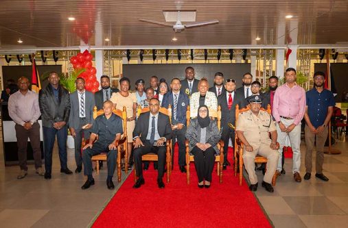 Seated from left: Head of the Special Organised Crime Unit, Deputy Commissioner Fazil Karimbaksh; Deputy Commissioner of ‘Law Enforcement’, Wendell Blanhum; Director of Public Prosecutions (DPP), Shalimar Ali-Hack and Deputy Commissioner, Simon McBean, with awardees and other officials (Delano Williams photo)