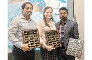 The three distinguished professionals honoured for their outstanding contributions to surgery at the GPHC and in Guyana are: From left, Dr. Hemraj Ramcharran, Dr. Gabrielle DeNobrega, and Dr. Cheman Ramdharry