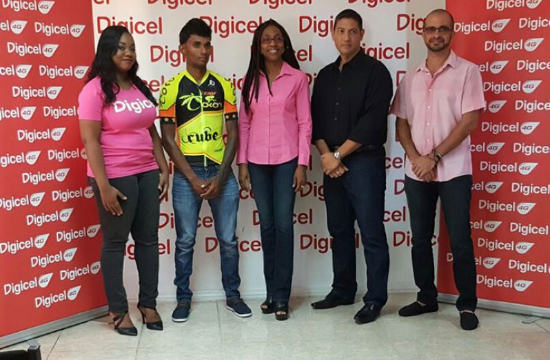 From L-R Digicel communications officer Louanna Abrams, defending champion Raynauth Jeffrey, Digicel marketing manager Jacquiline James and Evolution Cycle Club’s secretary and president Andrew Arjoon and Keith Fernandes,respectively (Stephan Sookram Photo)