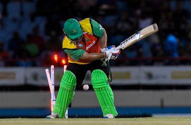 Azam Khan of Guyana Amazon Warriors bowled by Jair Mcallister of Saint Lucia Kings during the Men's 2023 Republic Bank Caribbean Premier League match 4 between Saint Lucia Kings and Guyana Amazon Warriors at Daren Sammy National Cricket Stadium on August 19, 2023 in Gros Islet, Saint Lucia. (Photo by Randy Brooks/CPL T20 via Getty Images)