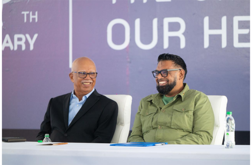 President, Dr Irfaan Ali and Chairman and Managing Director of Banks DIH Clifford Reis share a light moment at Sunday’s commissioning of a large-scale Malta Bottling Plant (OP photo)