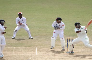 Christopher Barnwell cuts during his unbeaten 65  on the third day of the fourth round match between Trinidad & Tobago Red Force and Guyana Jaguars in the WICB Professional Cricket League Regional 4-Day Tournament at Queen’s Park Oval.
 Photo by WICB Media/Ashley Allen