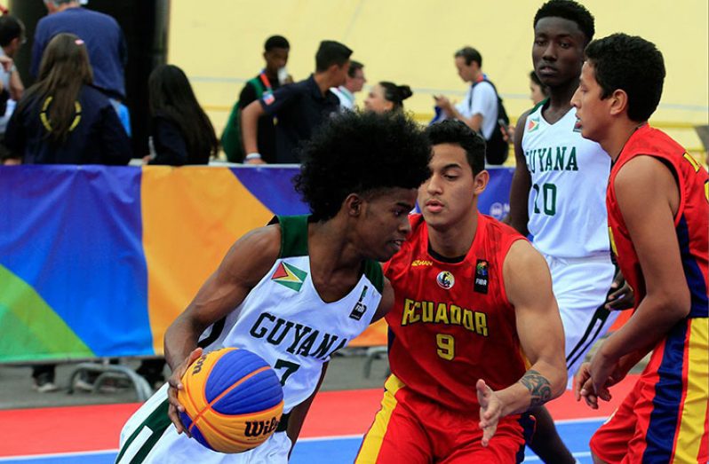 Guyana’s Shamar France in action during the South American Youth Games 3X3 tournament