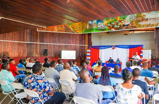 Minister of Labour, Joseph Hamilton, at the podium addresses the 56 males and 18 females who will participate in the programme over a 16-week period, equipping them with essential skills for the industry