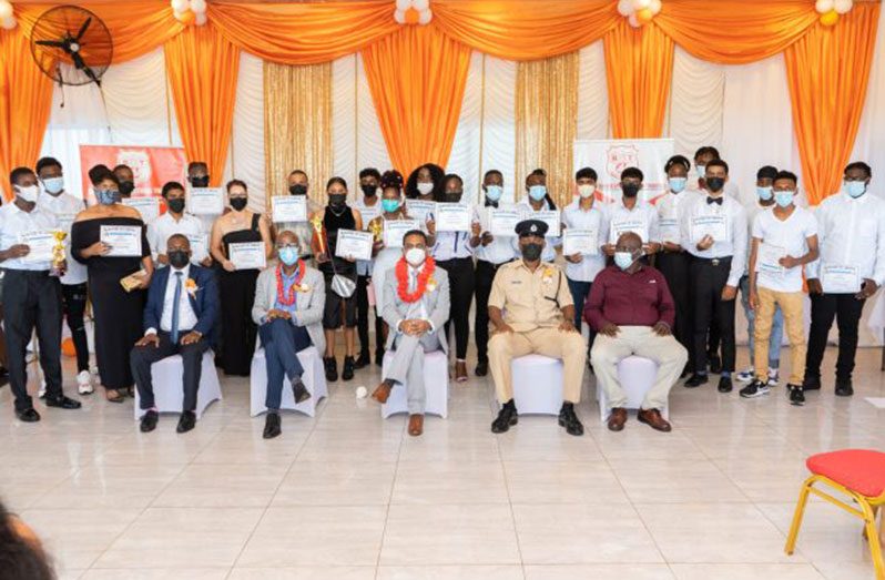Graduates with Minister of Labour, Joseph Hamilton; Region Six Chairman, David Armogan; Speaker of the National Assembly, Manzoor Nadir; Chief Executive Officer of BIT, Richard Maughn and BIT Technical Officer, Clarence Shako, at the BIT graduation in Berbice, Region Six