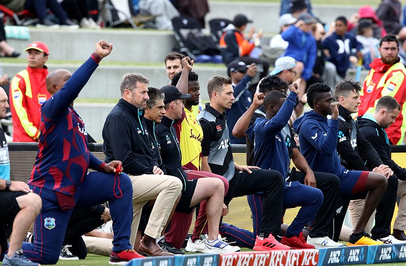 Both teams take a knee in support of the Black Lives Matter movement, New Zealand vs West Indies, 2nd T20I, Mount Maunganui, November 29, 2020.