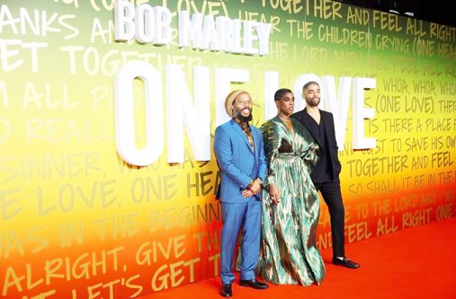 Actors Kingsley Ben-Adir, Lashana Lynch and producer Ziggy Marley attend the premiere of the film 'Bob Marley: One Love' at the British Film Institute in London, Britain on January 30, 2024 (REUTERS/Hannah McKay)