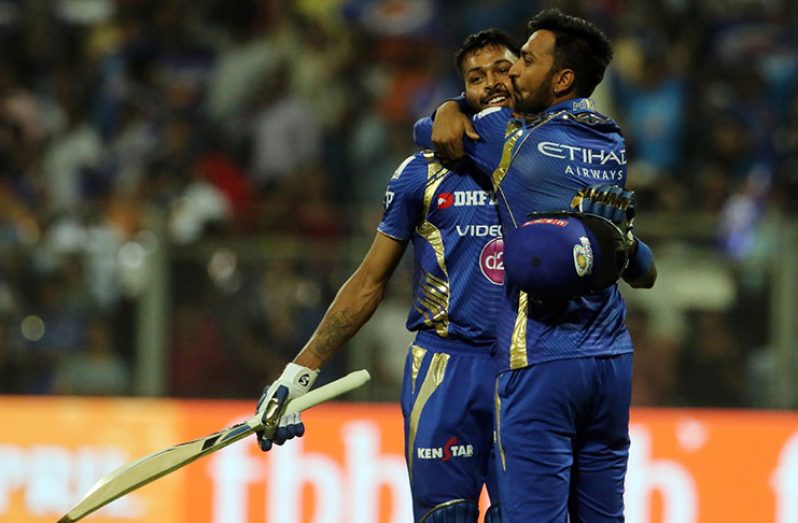 Hardik Pandya gets a kiss from brother Krunal after taking Mumbai Indians home, Mumbai Indians v Kolkata Knight Riders, Mumbai, IPL, April 9, 2017