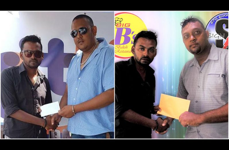 Composite photo shows Blairmont Cricket Club president Shabeer Baksh (black shirt) receiving sponsorship from Arshad Rasool (left) and Travor Harripersaud.