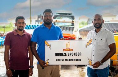 From left: Faiaz Baksh, Pooranlall Balchand and Yusuf Ali of One Guyana T10 Tapeball Blast